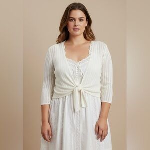 Kate Hill Eyelet Silk Blend Tie Cardigan Size XL Cream